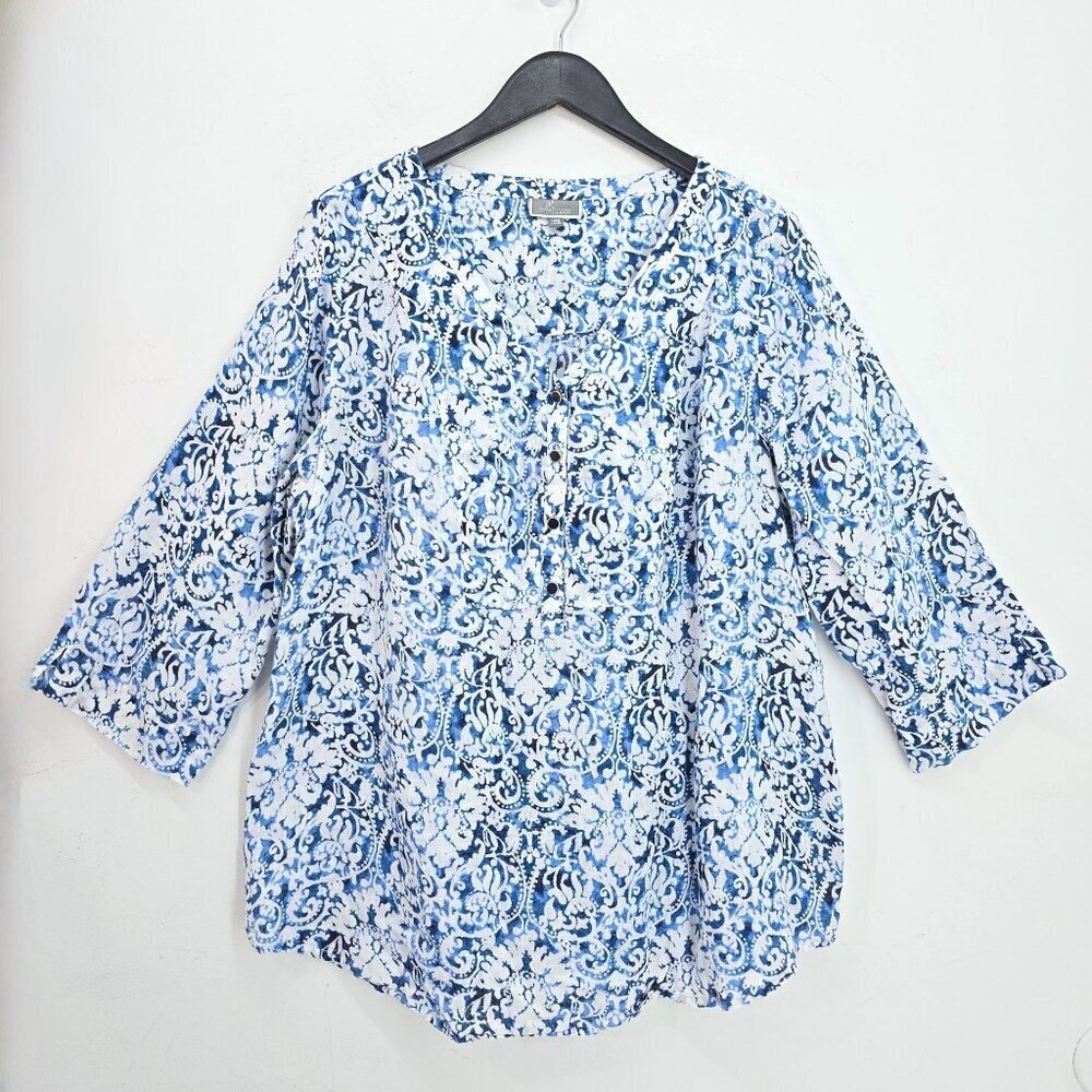 JM Collection Blue White Paisley 100% Linen Coastal Boho Lace Up Top Women 18W